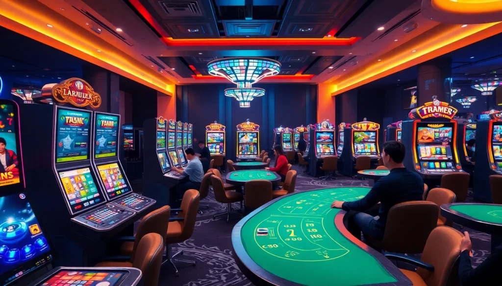 The online casino experience at tk88win.live with vibrant gaming machines and engaging players in an elegant setting.