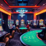 The online casino experience at tk88win.live with vibrant gaming machines and engaging players in an elegant setting.