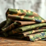 Bekijken van diverse camouflage stoffen met unieke patronen en texturen op een houten tafel.
