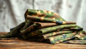 Bekijken van diverse camouflage stoffen met unieke patronen en texturen op een houten tafel.