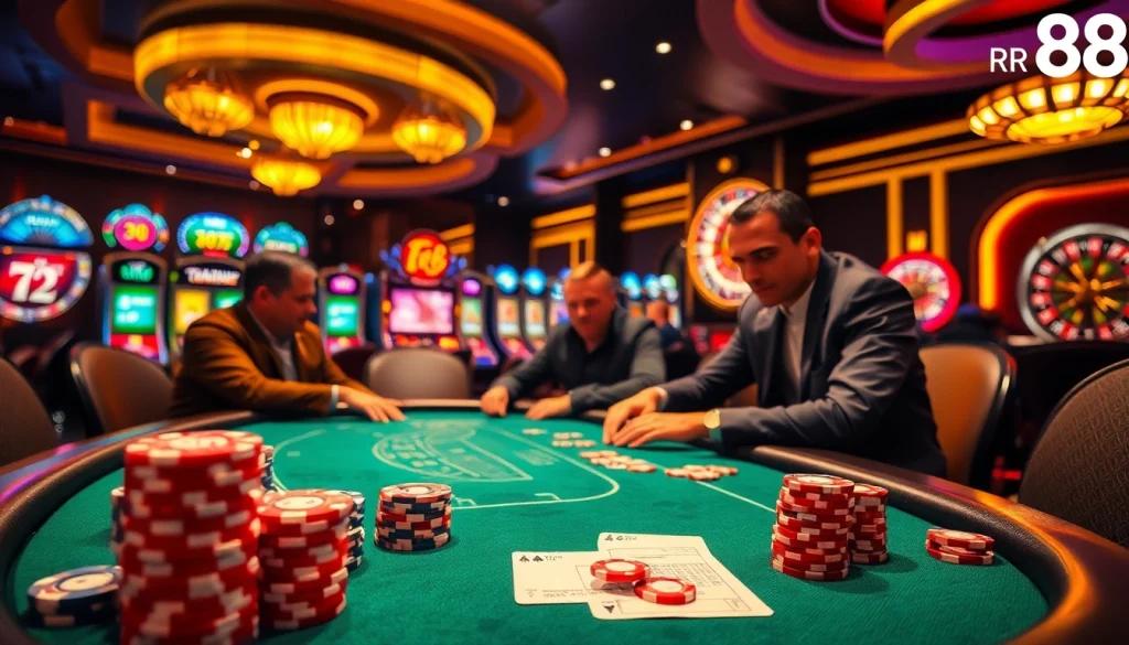 Exciting rr 88 gambling scene with poker players and vibrant casino elements.