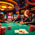 Exciting rr 88 gambling scene with poker players and vibrant casino elements.
