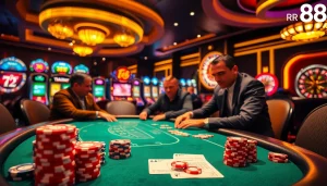 Exciting rr 88 gambling scene with poker players and vibrant casino elements.