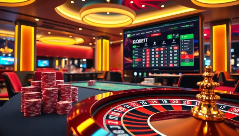 KQBD live betting scene with lavish casino tables and vibrant poker chips.