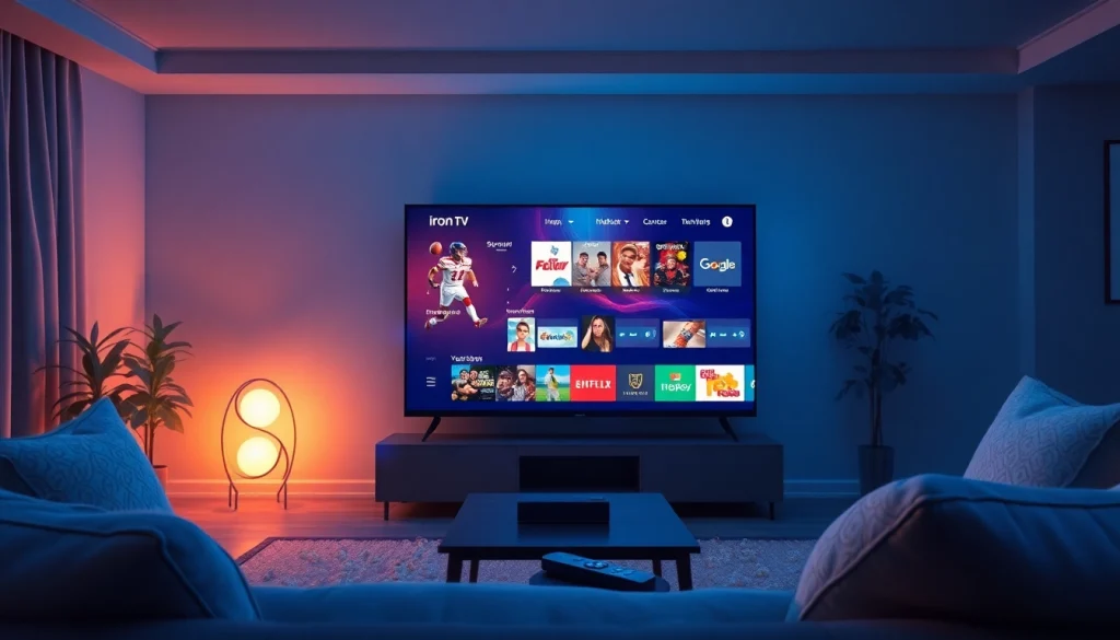 Iron TV Pro displayed on a modern Smart TV in a cozy living room, showcasing streaming options.