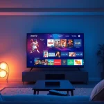 Iron TV Pro displayed on a modern Smart TV in a cozy living room, showcasing streaming options.