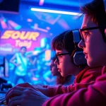 Engaging scene showcasing game reviews in action with a focused gamer and vibrant gaming environment.