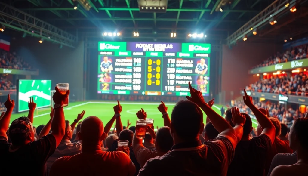Watch the latest match results on the vibrant scoreboard in a sports bar setting. ผลบอลล่าสุด displayed prominently.
