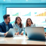 Analyze growth strategy trends with business professionals in a modern conference room.
