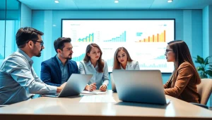 Analyze growth strategy trends with business professionals in a modern conference room.