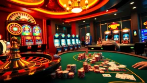 Engaging gambling scene at Nhà cái QQ88 with vibrant roulette wheel and poker table.