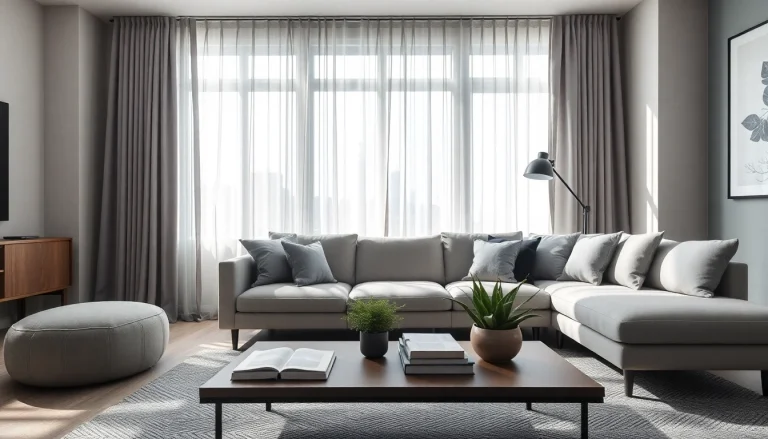 Verduisterende gordijnen in een moderne woonkamer creëren een serene sfeer.