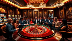 Experience the thrill of רמי אונליין as players dive into an upscale casino scene featuring roulette and vivid excitement.