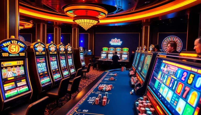 Players engaging with slot depo 5rb machines surrounded by vibrant casino ambiance and excitement.