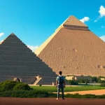 Admiring the ancient piraminds under a bright blue sky with lush surroundings.