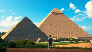 Admiring the ancient piraminds under a bright blue sky with lush surroundings.