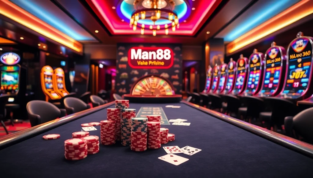 Experience thrilling gameplay at Man88 with poker tables, vibrant slots, and casino excitement.