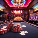 Experience thrilling gameplay at Man88 with poker tables, vibrant slots, and casino excitement.