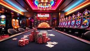 Experience thrilling gameplay at Man88 with poker tables, vibrant slots, and casino excitement.