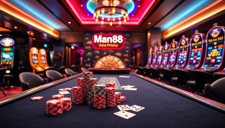 Experience thrilling gameplay at Man88 with poker tables, vibrant slots, and casino excitement.