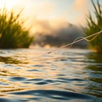 Fly fishing line effortlessly casts over a serene river at sunrise.