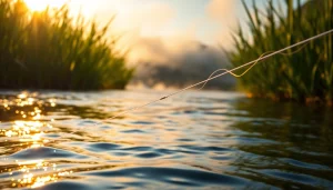 Fly fishing line effortlessly casts over a serene river at sunrise.