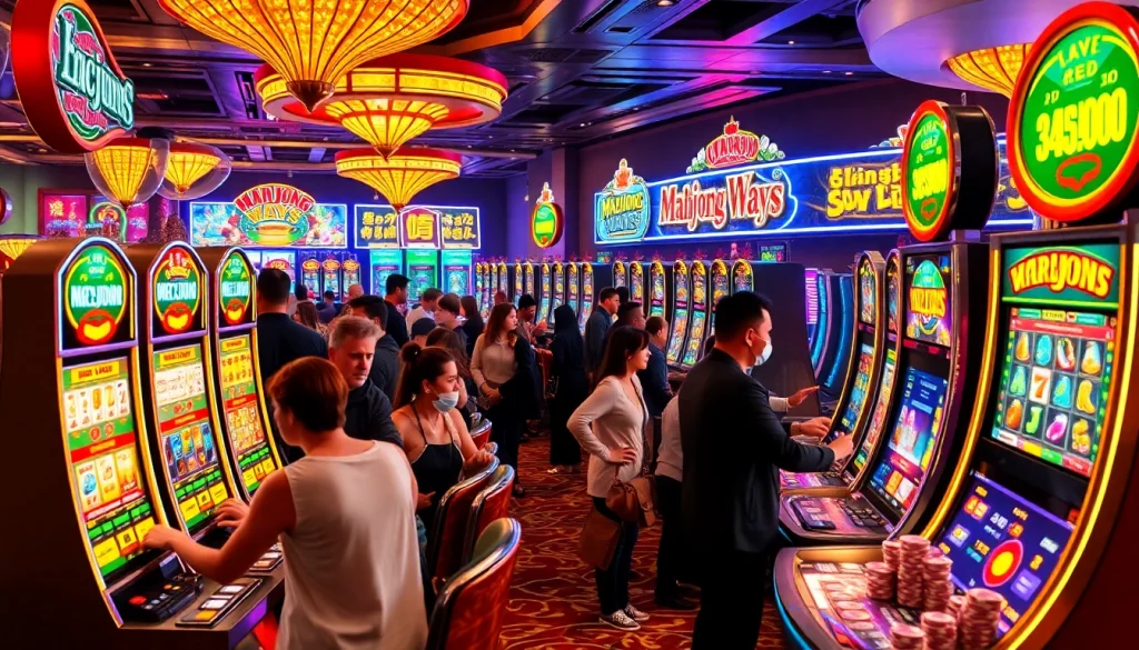 Excited players engaging with a 'slot demo mahjong' machine, capturing the thrill of a bustling casino environment.