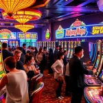 Excited players engaging with a 'slot demo mahjong' machine, capturing the thrill of a bustling casino environment.