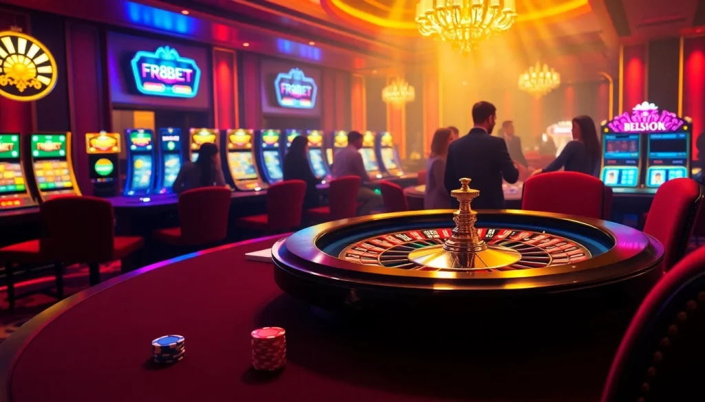 F8BET players enjoying an exciting poker game and roulette in a luxurious casino environment.
