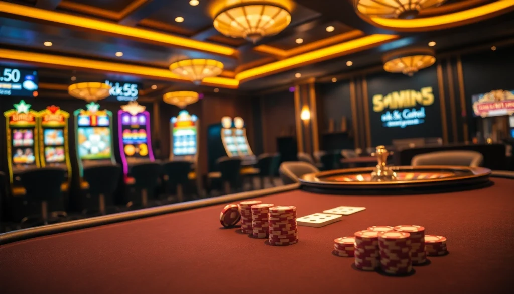 Experience the excitement of gambling at kk55.global with a vibrant casino scene featuring poker chips and roulette.