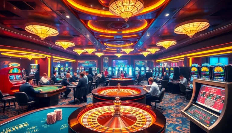 Engaging gameplay at trang chủ xin88 with vibrant poker tables, slots, and roulette wheels.