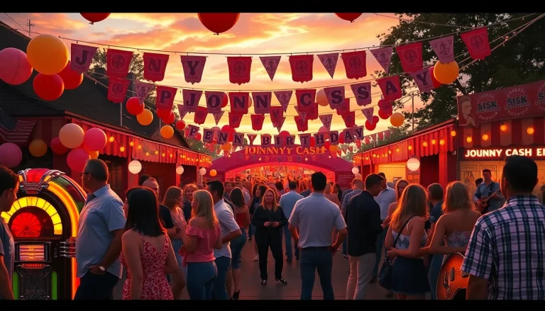 Joyful attendees celebrate at the Johnny Cash birthday bash, highlighting johnnycashbirthday.com festivities.