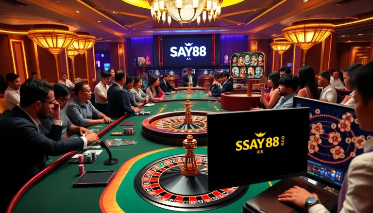Engaging players betting at SAY88 nhà cái, enjoying thrilling casino games and luxurious ambiance.