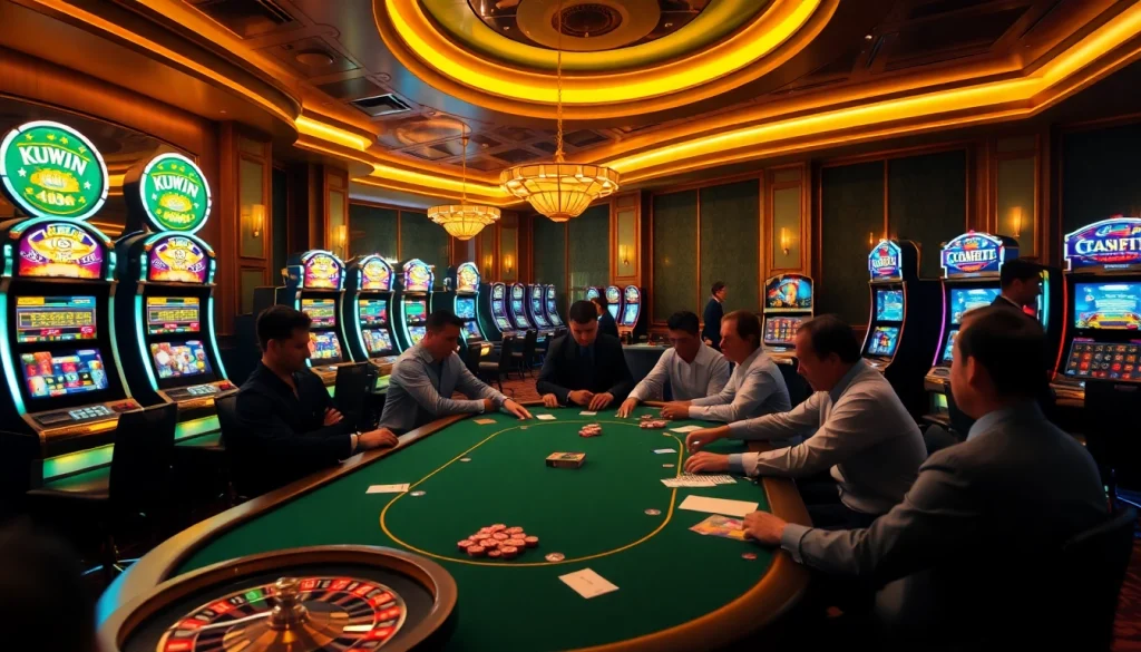 Experience the excitement of KUWIN at a vibrant casino with poker tables and slot machines.