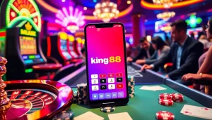 Engage with king88 at a luxurious casino table filled with chips and a roulette wheel.