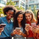 Engaging social media girls capturing moments on their smartphones in a vibrant outdoor park.