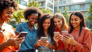 Engaging social media girls capturing moments on their smartphones in a vibrant outdoor park.