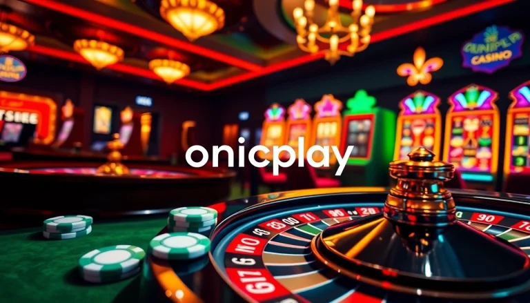 Experience thrilling gaming with onicplay on stunning casino tables filled with vibrant poker chips and slot machines.