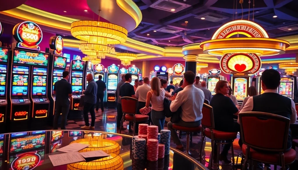 Pemain yang berinteraksi dengan mesin slot Depo 5rb dalam atmosfer kasino yang seru, menampilkan permainan yang penuh warna.