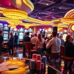Pemain yang berinteraksi dengan mesin slot Depo 5rb dalam atmosfer kasino yang seru, menampilkan permainan yang penuh warna.