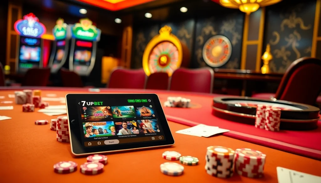 Experience the thrill of gambling at 7upbet with a luxurious casino scene featuring poker chips and a betting tablet.