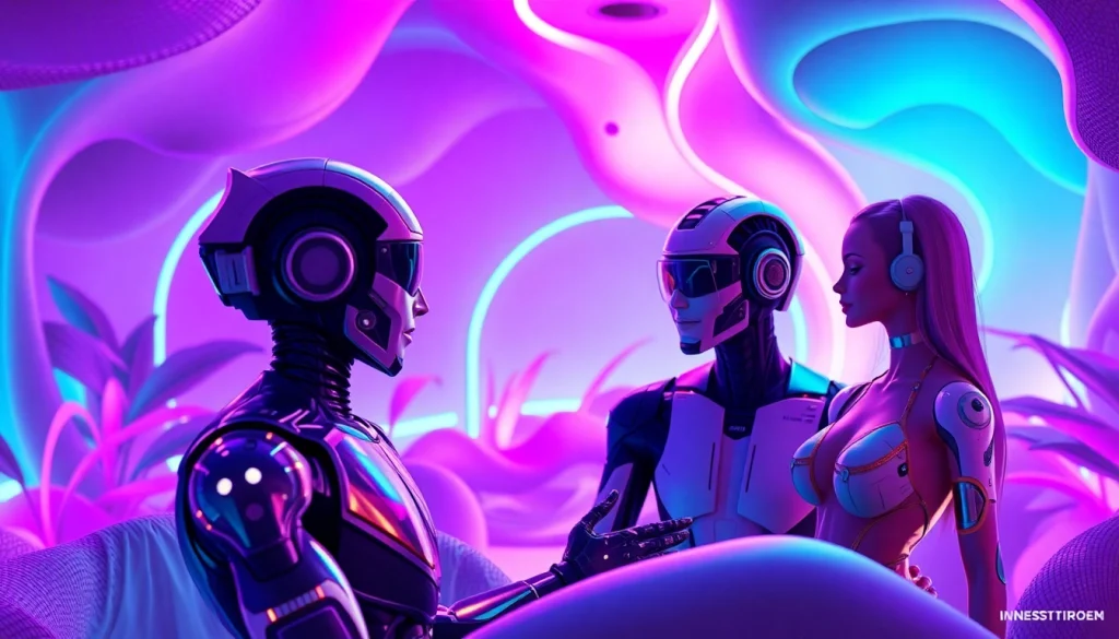 Engaging NSFW AI characters in a vibrant, futuristic virtual world.