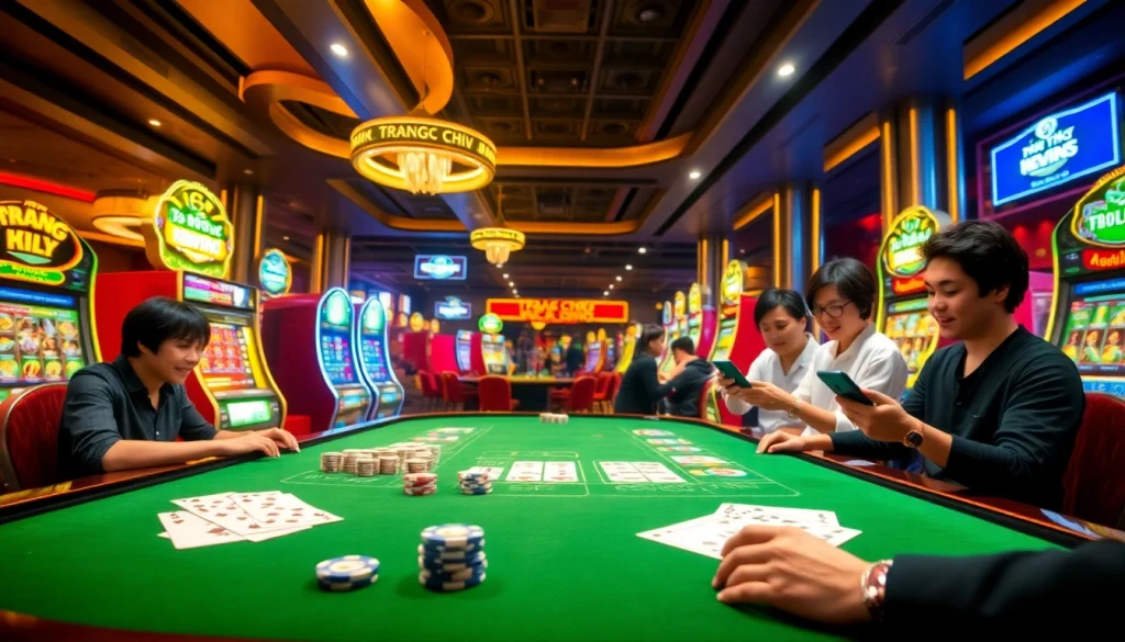 Captivating online gaming visuals for TRANG CHỦ KKWIN showcasing vibrant casino tables and enthusiastic players.