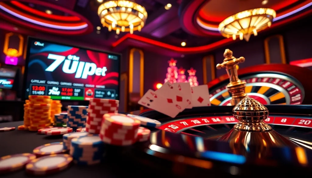 Experience the excitement of 7upbet with vibrant poker chips and roulette at a luxury online casino.