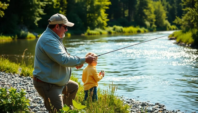 Fly fishing lessons near me with an instructor and student casting on a picturesque riverbank.