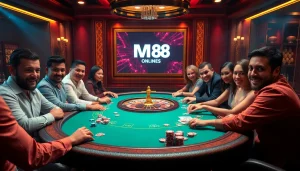 Players enjoying an exciting poker game scene at MM 88 casino, embodying luxury and thrill.