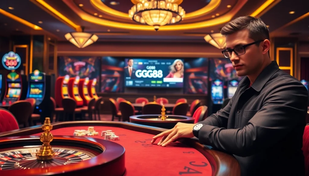 GG88 gaming table filled with colorful poker chips and high-stakes casino excitement.