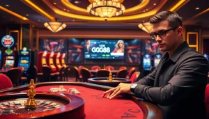 GG88 gaming table filled with colorful poker chips and high-stakes casino excitement.