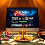 Login to sbobet with an exciting online betting interface surrounded by casino elements.