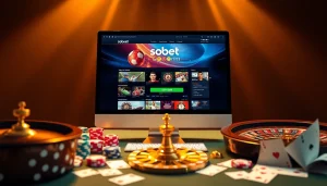 Login to sbobet with an exciting online betting interface surrounded by casino elements.